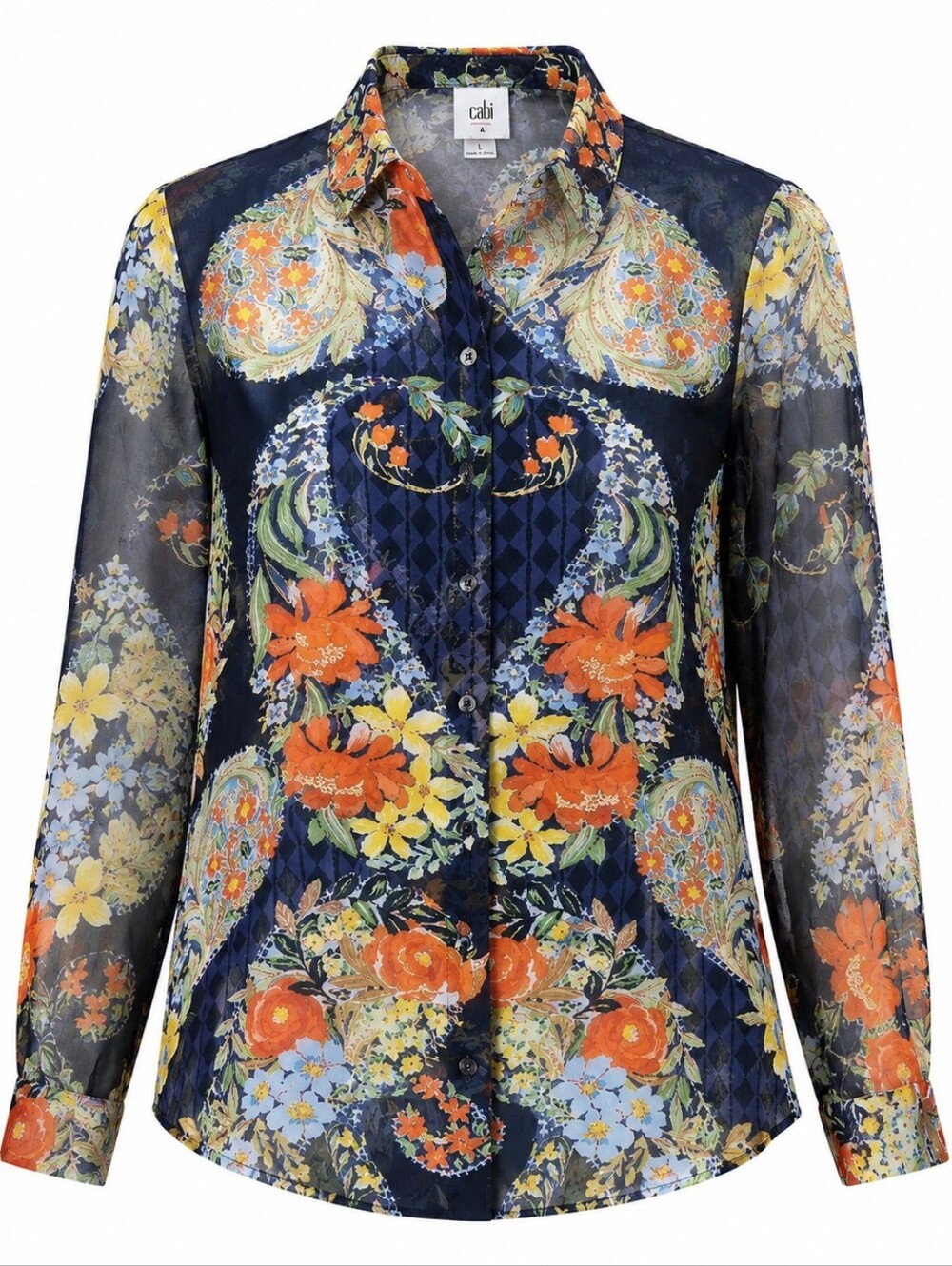 CABI‎ | Amour Navy Floral Paisley Semi Sheer Button Down Long Sleeve Blouse | L